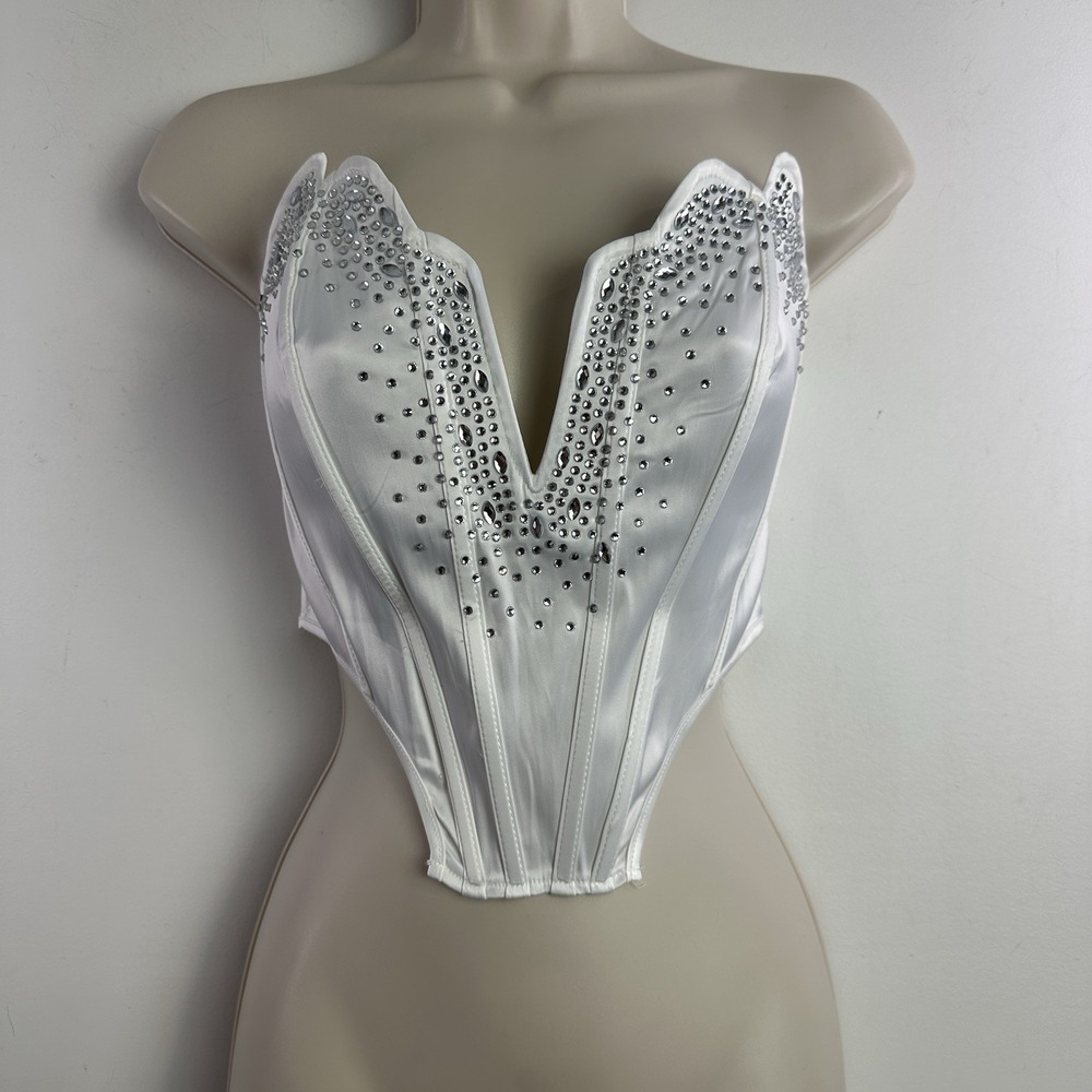 Kaylee Kollection Y2K Womens L‎ Satin Embellished Corset Bustier Deep V Indie